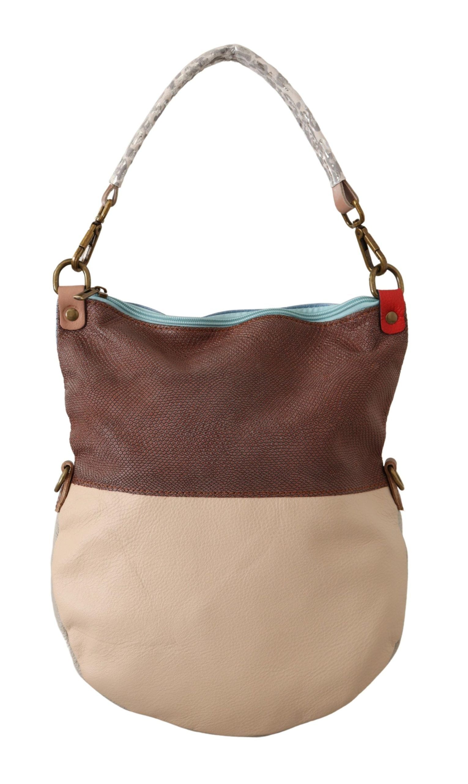 Two-toned handbag with brown top section and beige bottom section on a white background