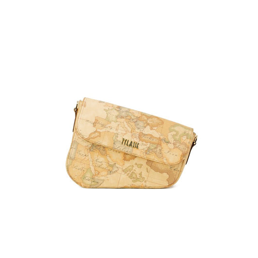 Beige crossbody bag with world map design on a white background