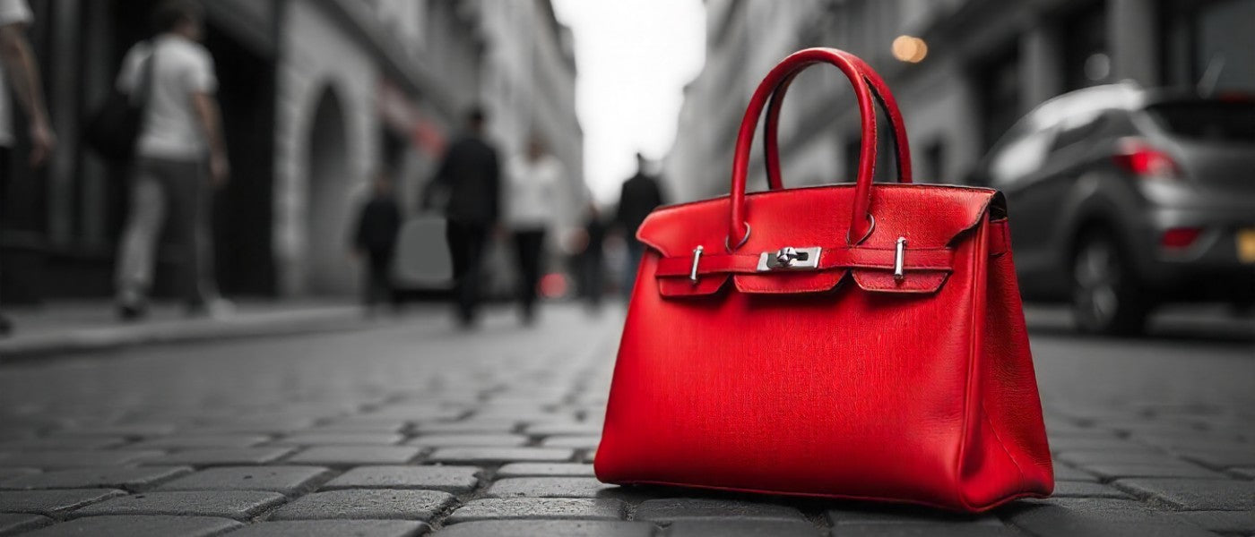 Red handbag on a blurred city street background