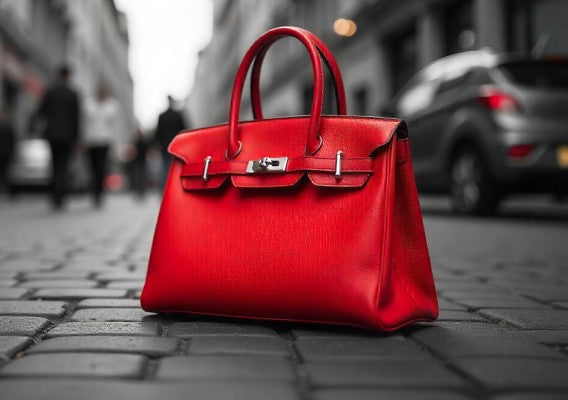 Red handbag on a city street with blurred background