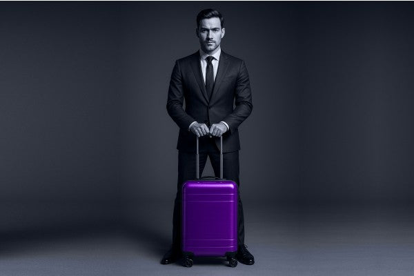 Man in a suit holding a purple suitcase against a dark background