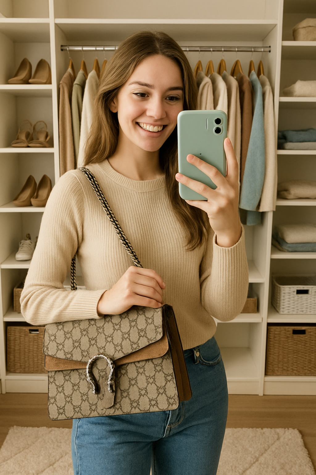 Woman taking a selfie in a closet holding a Gucci handbag.